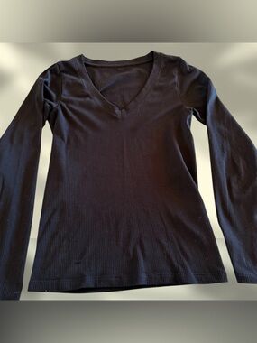 V-Neck Ribbed Long Sleeve Top - Black, Stretch, Size Small